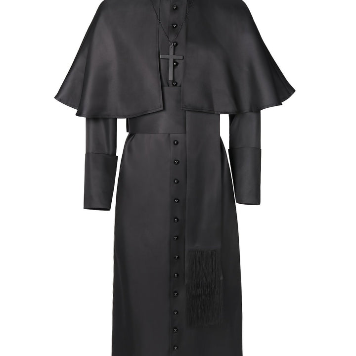 Zwart priesterkostuum van voren met cape, kruishanger, rij zwarte knopen en sjerp met franjes 6