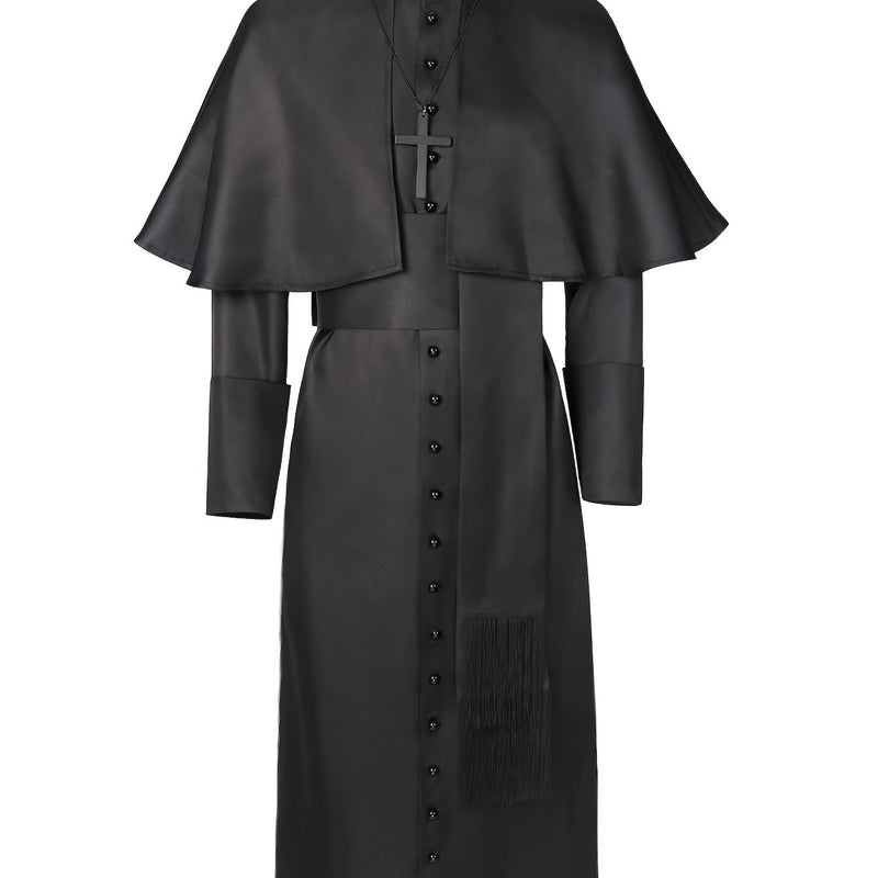 Zwart priesterkostuum van voren met cape, kruishanger, rij zwarte knopen en sjerp met franjes 6