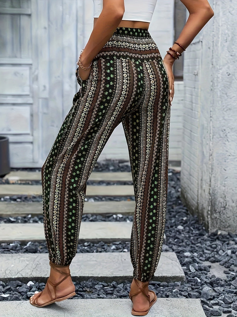 Boho-Hochbund-Damenhose mit Print & raffinierter Taille – Linara