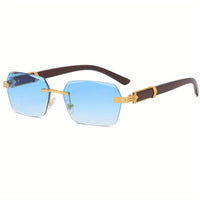Randlose Sonnenbrille mit Rechteckigen Gläsern und Holzoptik-Bügeln – Verro