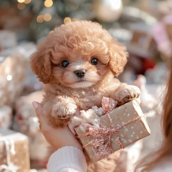 Roodbruine krullige pup in een hand, met een klein cadeautje met glitterstrik en een warme kerstsfeer op de achtergrond. 3