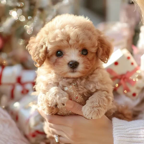Abrikooskleurige krullige pup wordt in twee handen vastgehouden, met kerstcadeaus en een glinsterende kerstbal op de achtergrond. 1