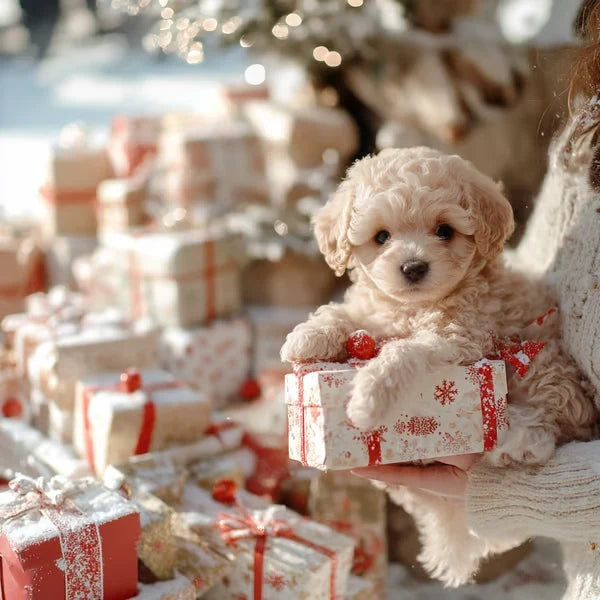 Crèmekleurige pluizige pup leunt op een ingepakt kerstcadeau, gedragen door iemand in een witte trui, met een stapel cadeaus ernaast. 2