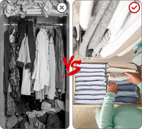 Vergelijking van een rommelige, volgepropte kledingkast links met een nette stapel opgevouwen kleding in vakjes rechts, waar een hand een shirt pakt. 2
