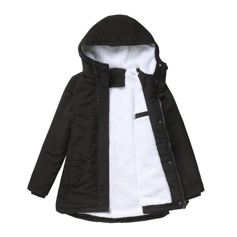 Zwarte parka open neergelegd, met de witte fleecevoering en de capuchon met trekkoord zichtbaar 4