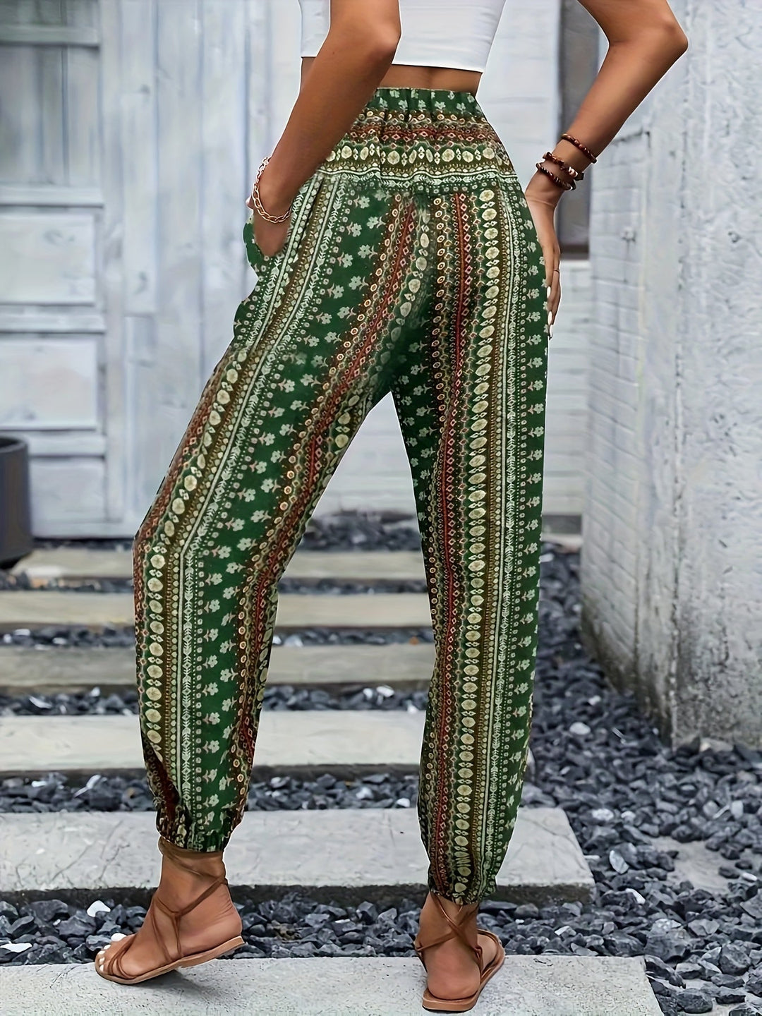 Boho-Hochbund-Damenhose mit Print & raffinierter Taille – Linara