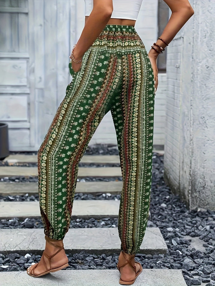 Boho-Hochbund-Damenhose mit Print & raffinierter Taille – Linara