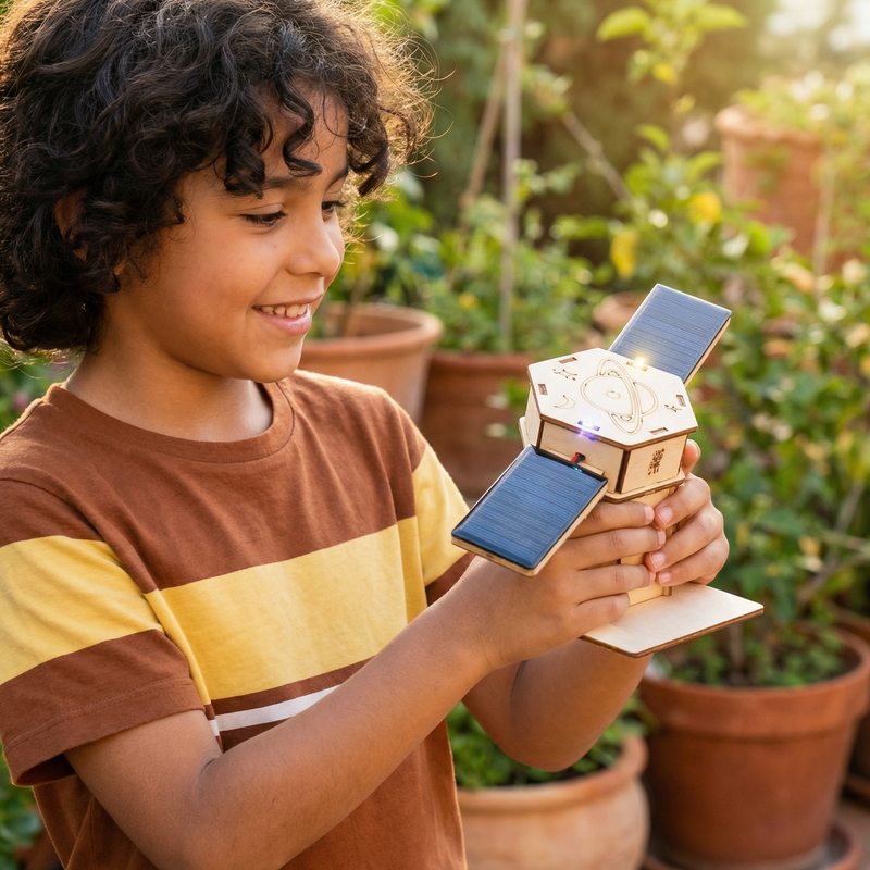 Lachend kind houdt buiten een houten satellietmodel met twee zonnepanelen en oplichtende lampjes vast. 4