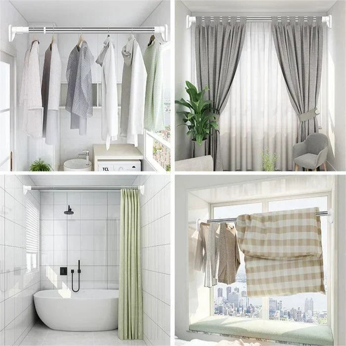Vier voorbeelden van de stang in huis: voor kleding in de badkamer, gordijnen, een douchegordijn en wasgoed voor het raam. 2