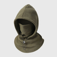 Olijfgroene fleece bivakmuts met capuchon en gezichtsbedekking, trekkoord aan de hals, schuin van voren op lichte 8