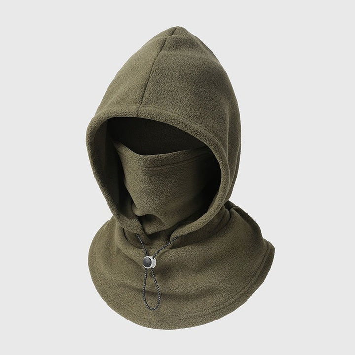 Olijfgroene fleece bivakmuts met capuchon en gezichtsbedekking, trekkoord aan de hals, schuin van voren op lichte 8