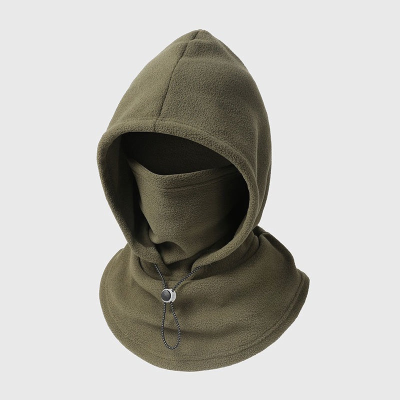 Olijfgroene fleece bivakmuts met capuchon en gezichtsbedekking, trekkoord aan de hals, schuin van voren op lichte 8