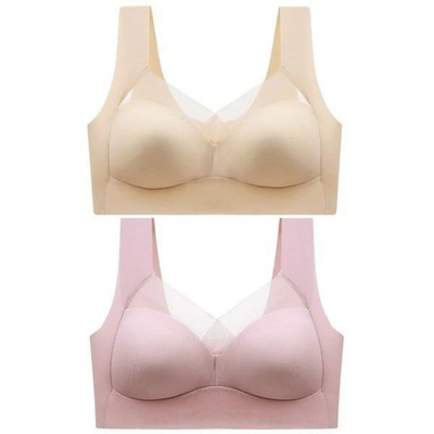 Twee bh's boven elkaar op witte achtergrond: de bovenste beige, de onderste roze, beide met mesh-inzetstuk. 7