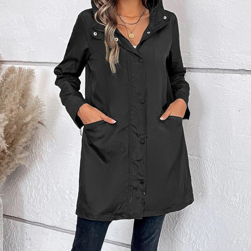 Langer Damen-Herbstmantel mit hohem Kragen & Knopfleiste – Leandra