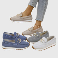 Collage van de instappers in blauw, grijs, lichtgrijs en beige, naast een gedragen beige exemplaar 5