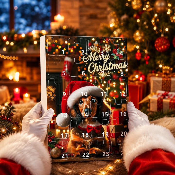 Handen in witte handschoenen en kerstmanmouwen houden de adventskalender voor een verlichte kerstboom met cadeaus. 5