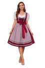 Vrouw draagt bordeauxrood dirndl met witte stippen, wit kanten blouse met pofmouwen, geruite schort en grote satijnen strik, vooraanzicht. 1