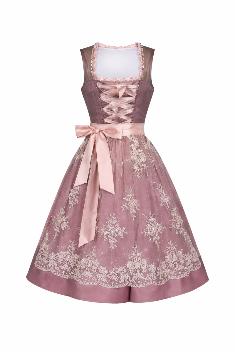 Women's Dirndl Dress with Stand Collar, Lace-Up Front and Lace Overlay 3