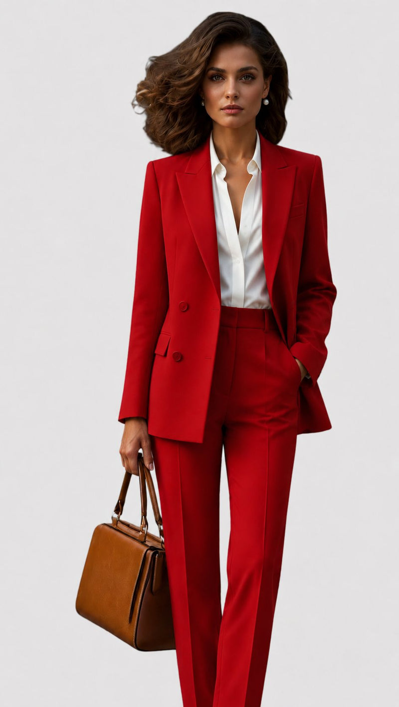 Model in helderrood kostuum met dubbele knopenrij op de blazer, witte blouse en een bruine handtas. 3