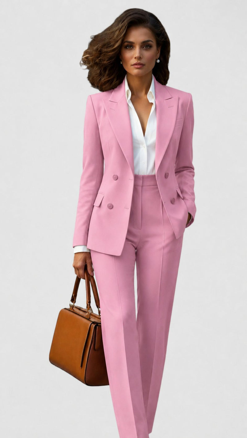 Model in roze kostuum met dubbele knopenrij, witte blouse met kraag en een bruine handtas in de hand. 5