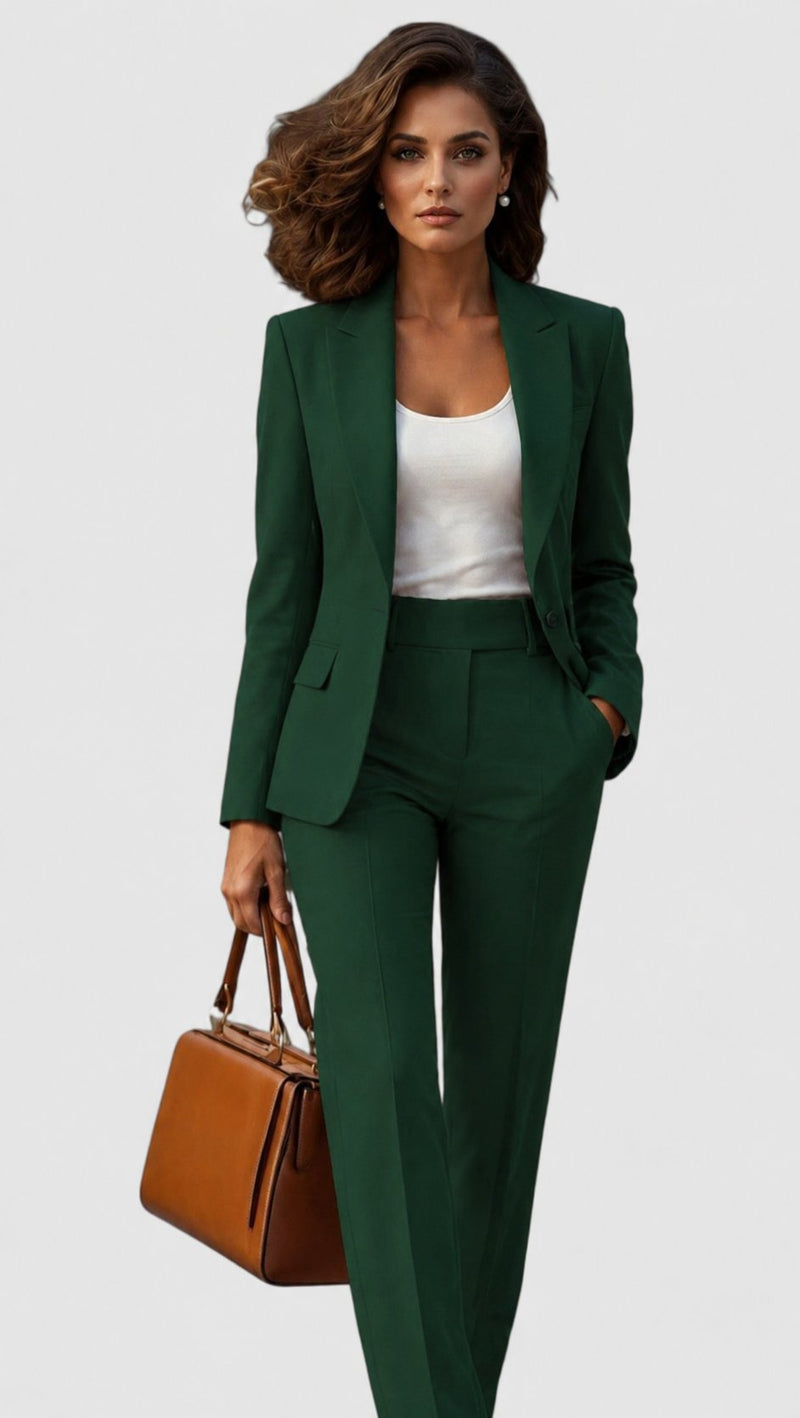 Model in donkergroen kostuum met wit topje onder de blazer, een hand in de broekzak en een bruine handtas. 8