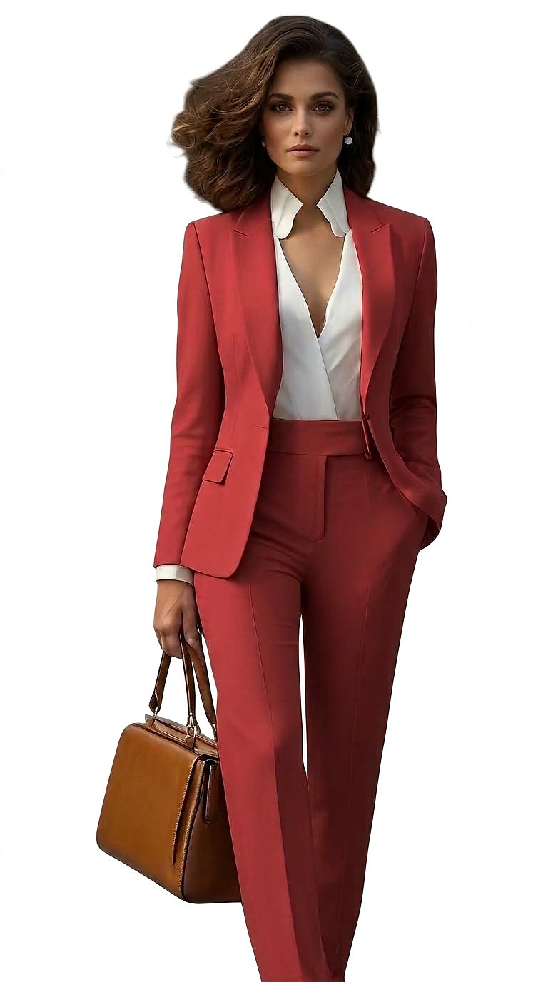 Model in rood kostuum met witte blouse, een hand in de zak en een bruine leren handtas. 1