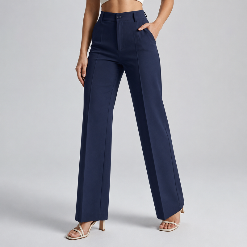 Broek in marineblauw van voren, gedragen door een model met één hand in de zak 11