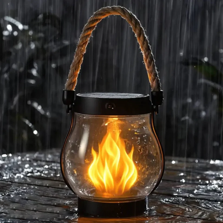 Lantaarn met vlameffect staat in de stromende regen op een nat houten oppervlak 8