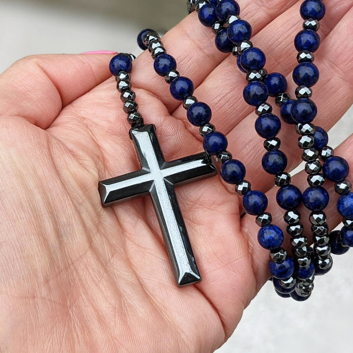Tigerauge und Lapislazuli Kreuz Rosenkranz Halskette für Männer - Orion