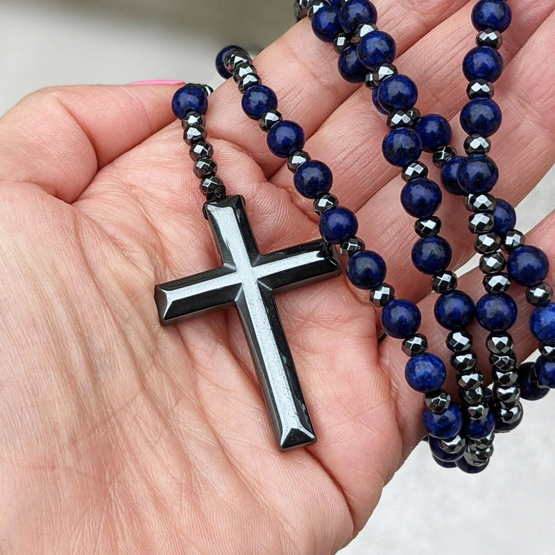 Tigerauge und Lapislazuli Kreuz Rosenkranz Halskette für Männer - Orion