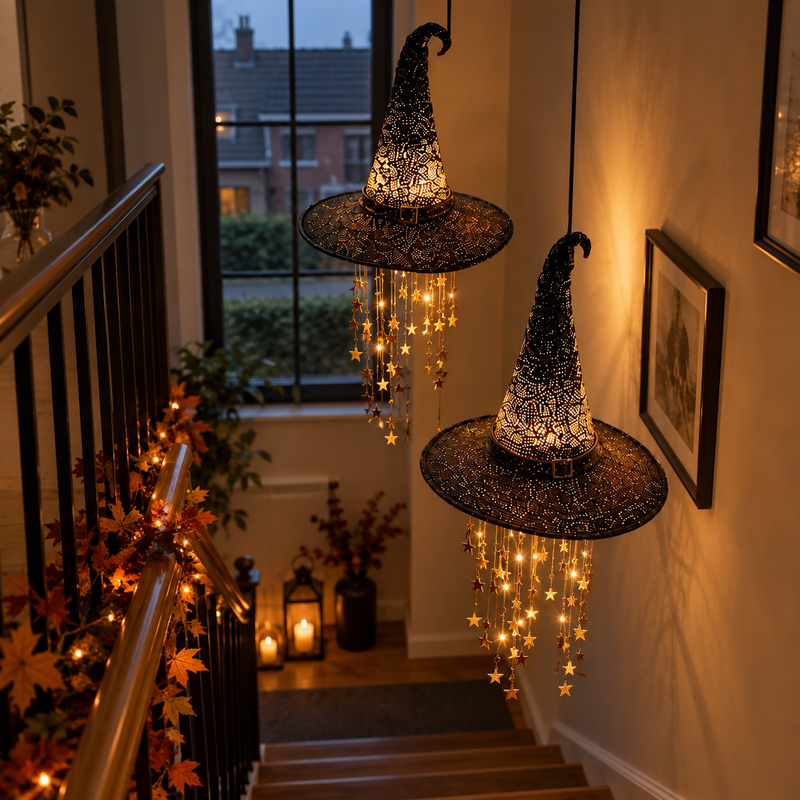 Twee verlichte heksenhoeden hangen in een trappenhuis naast een trapleuning met herfstbladeren en lichtjes, met lantaarns beneden. 9