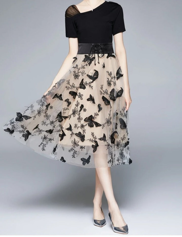 Stylish midi dress made of mesh with embroidery and flounce sleeves – Maila