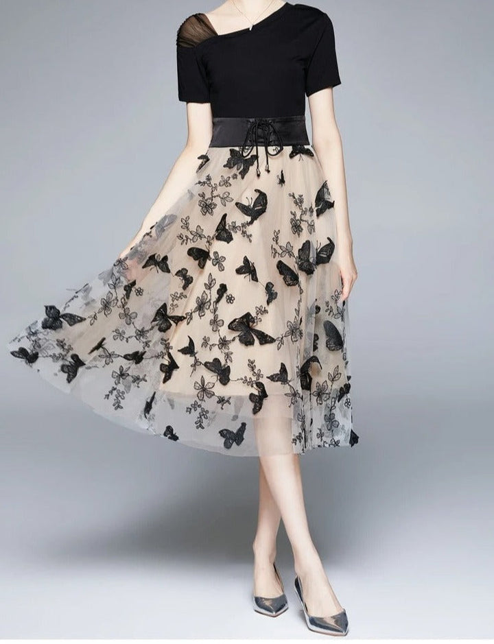 Stylish midi dress made of mesh with embroidery and flounce sleeves – Maila