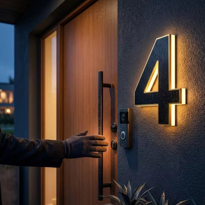Zwart cijfer 4 met warme achtergrondverlichting naast een houten voordeur met deurbel, terwijl een gehandschoende hand de deurgreep pakt. 2