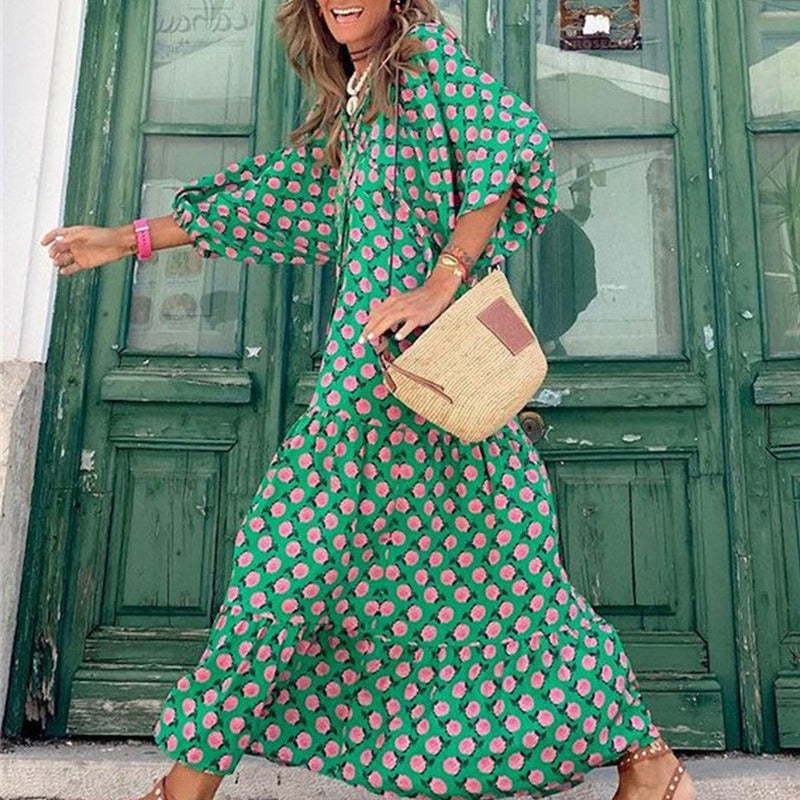 Zomer Boho Jurk met Pofmouwen en V-Hals Bloemenprint | Casual Vakantie Strandkleding
