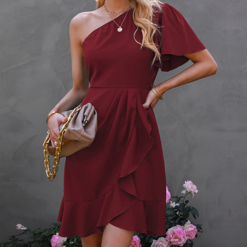 Elegant Ruffles One-Shoulder Evening Dress | Stylish European Party Clothing