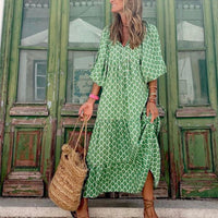 Zomer Boho Jurk met Pofmouwen en V-Hals Bloemenprint | Casual Vakantie Strandkleding