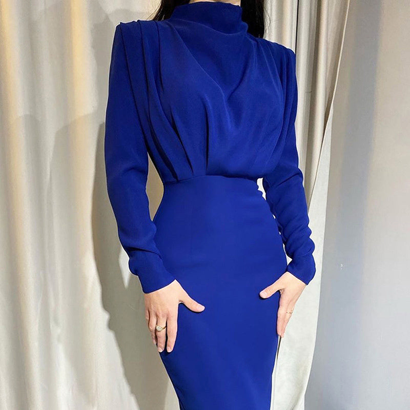 Elegante Maxi Kantoorjurk met Lange Mouwen Bodycon | Hoge Taille en Geplooide Avondjurk