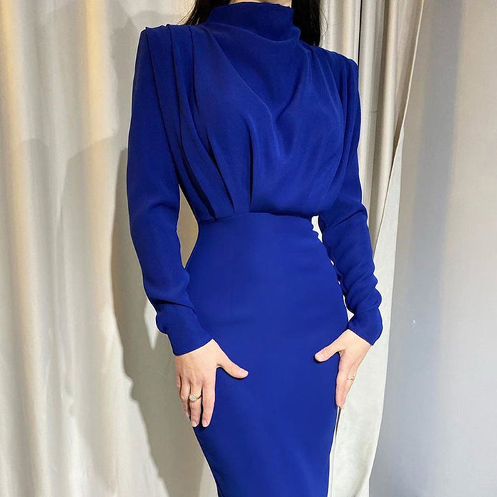 Elegante Maxi Kantoorjurk met Lange Mouwen Bodycon | Hoge Taille en Geplooide Avondjurk