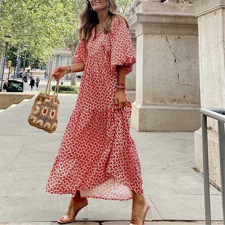 Zomer Boho Jurk met Pofmouwen en V-Hals Bloemenprint | Casual Vakantie Strandkleding