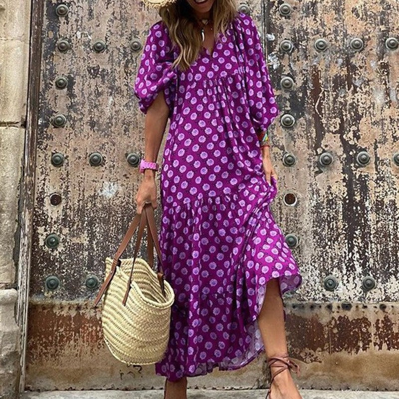Zomer Boho Jurk met Pofmouwen en V-Hals Bloemenprint | Casual Vakantie Strandkleding