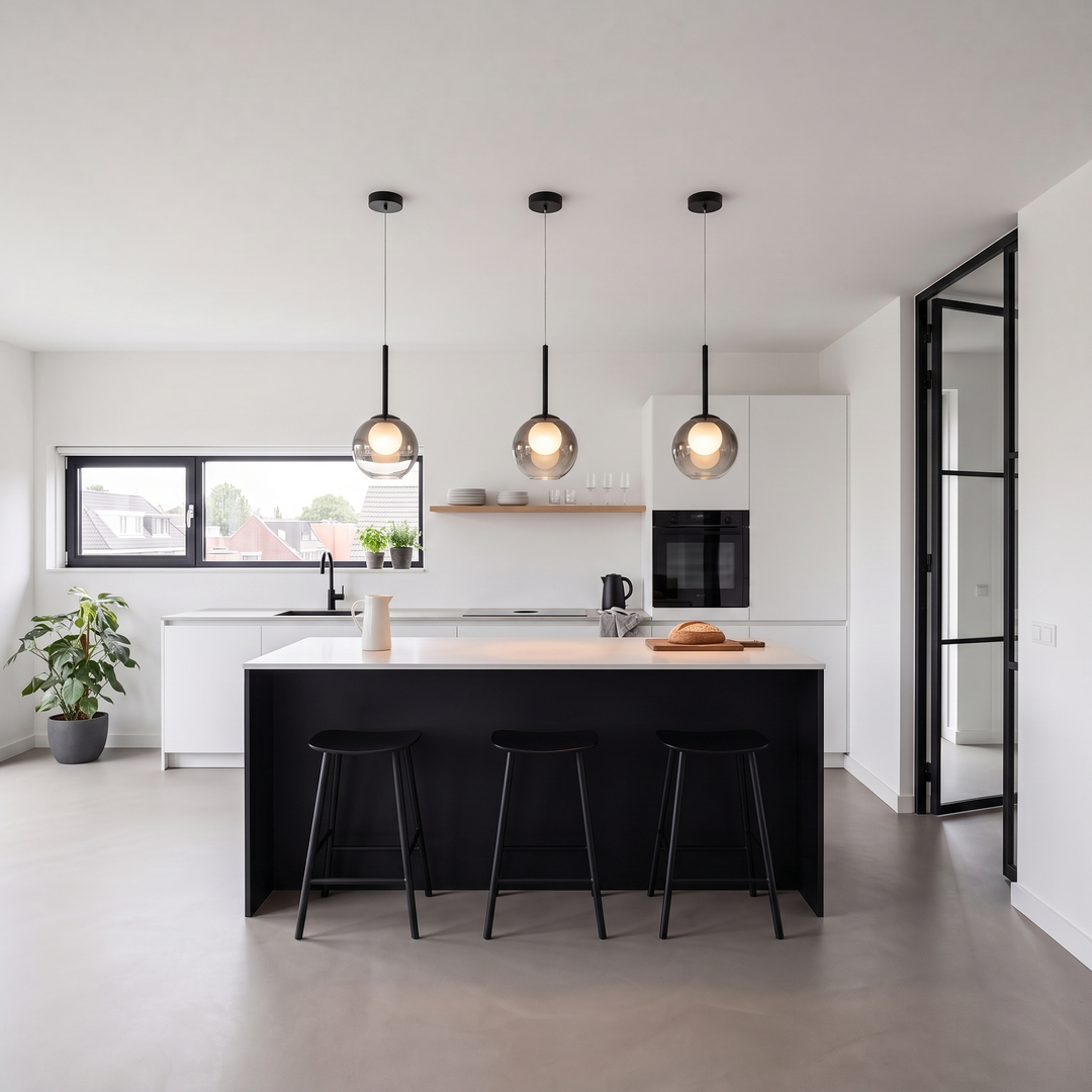 Drie rookgrijze glazen globelampen met zwarte steel boven een kookeiland in een moderne witte keuken 1