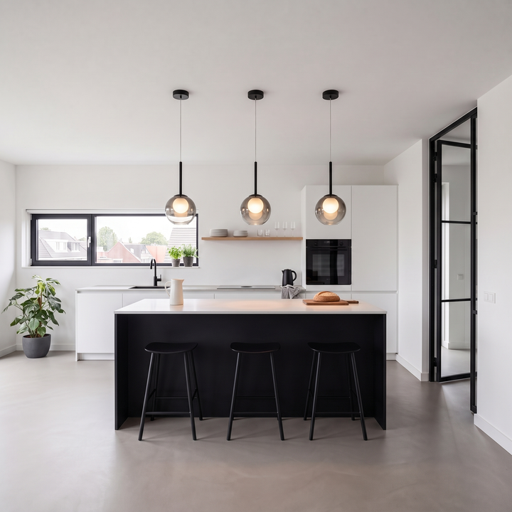 Drie rookgrijze glazen globelampen met zwarte steel boven een kookeiland in een moderne witte keuken 1