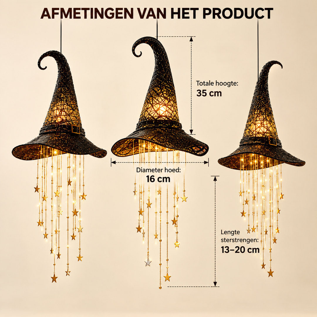 Drie heksenhoeden met maataanduidingen voor totale hoogte, hoeddiameter en lengte van de sterrenstrengen. 10