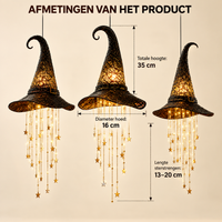 Drie heksenhoeden met maataanduidingen voor totale hoogte, hoeddiameter en lengte van de sterrenstrengen. 10