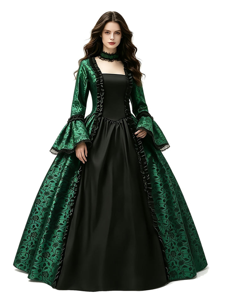 Voorkant van de groene baljurk met zwart middenpaneel, kanten choker en uitlopende mouwen, gedragen op witte achtergrond. 7