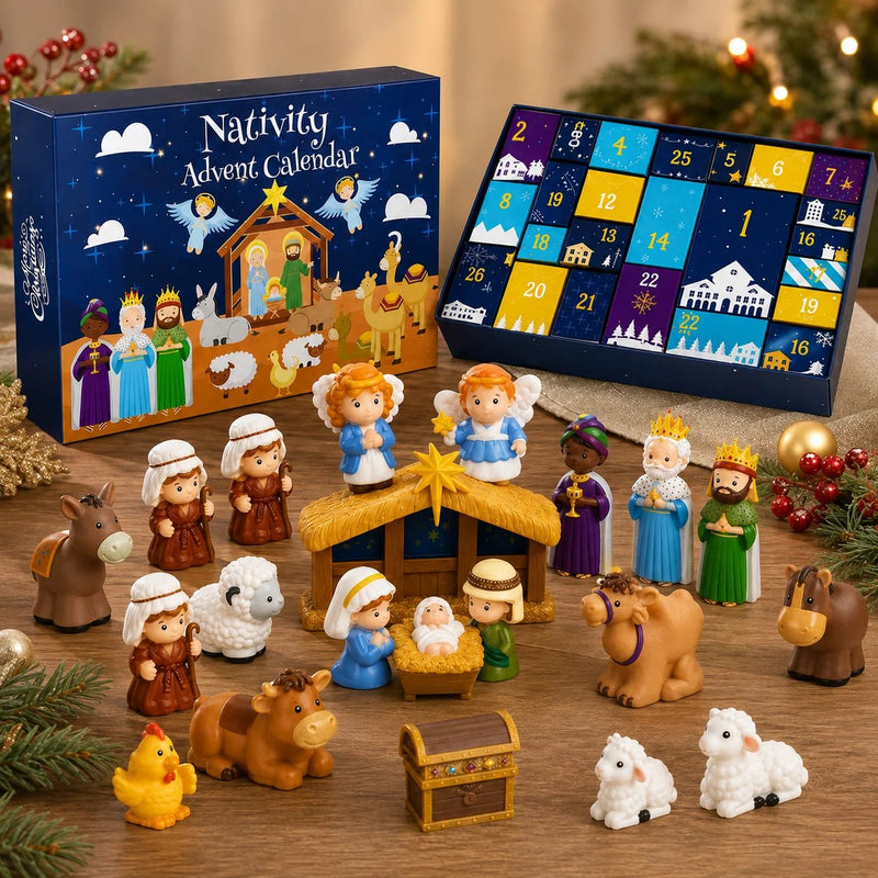 Doos met geopende kalender en alle kerststalfiguren en dieren uitgestald op een houten tafel met kerstversiering 1
