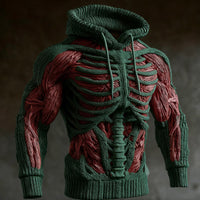 Groene gebreide hoodie met 3D-ribbenkast en wervelkolom, rode spiervezels op borst en armen, trekkoorden hangen voor de borst. 3