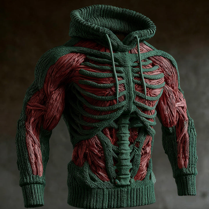 Groene gebreide hoodie met 3D-ribbenkast en wervelkolom, rode spiervezels op borst en armen, trekkoorden hangen voor de borst. 3