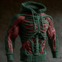 Groene gebreide hoodie met 3D-ribbenkast en wervelkolom, rode spiervezels op borst en armen, trekkoorden hangen voor de borst. 3